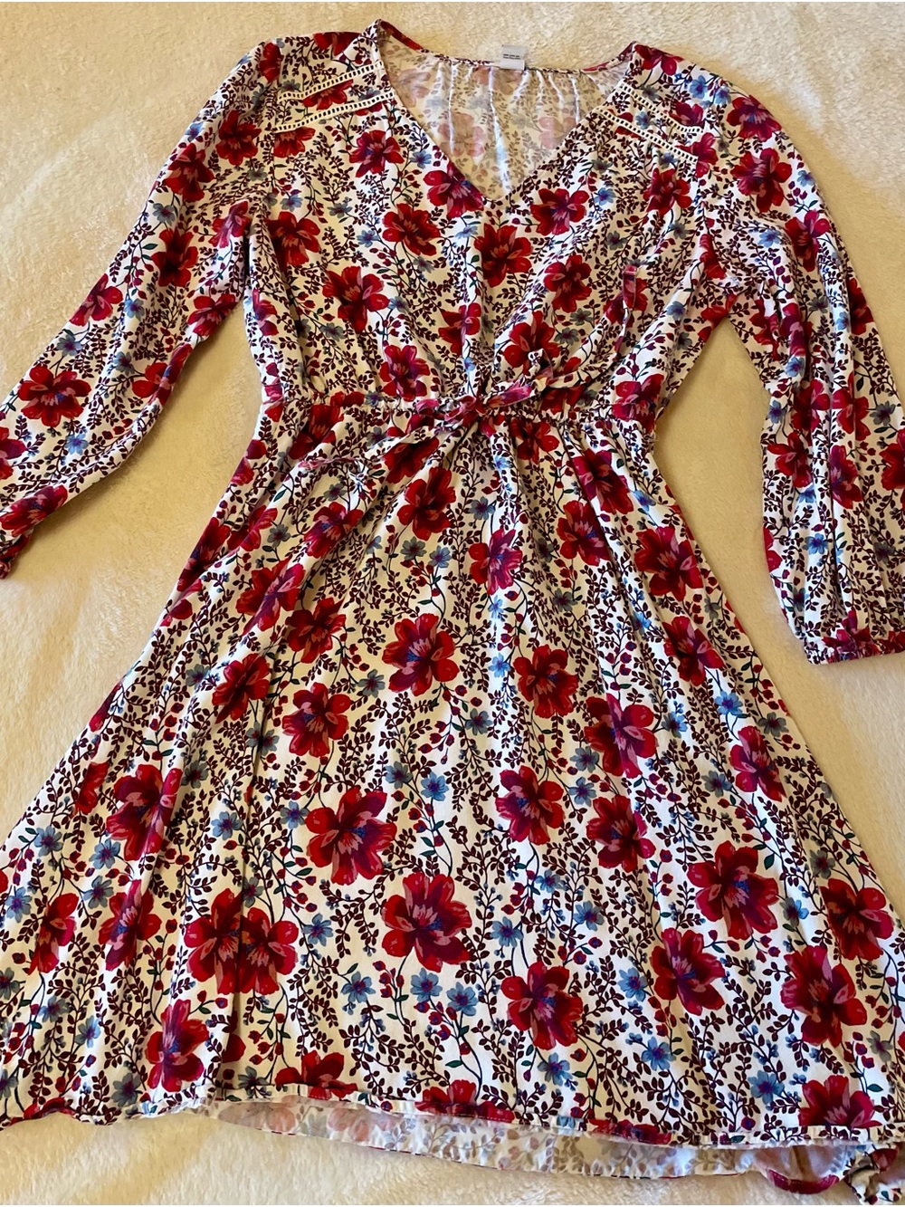 Old Navy Cream Dress with Red Floral Print - Long Sleeve